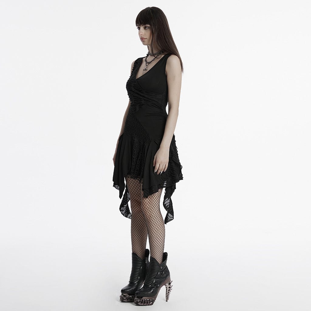 PUNK RAVE Women's Gothic Plunging Irregular Ripped Honeymoon Dress Black