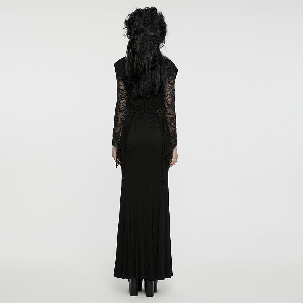 PUNK RAVE Women's Gothic Plunging Lace-Splice Drawstring Honeymoon Dress