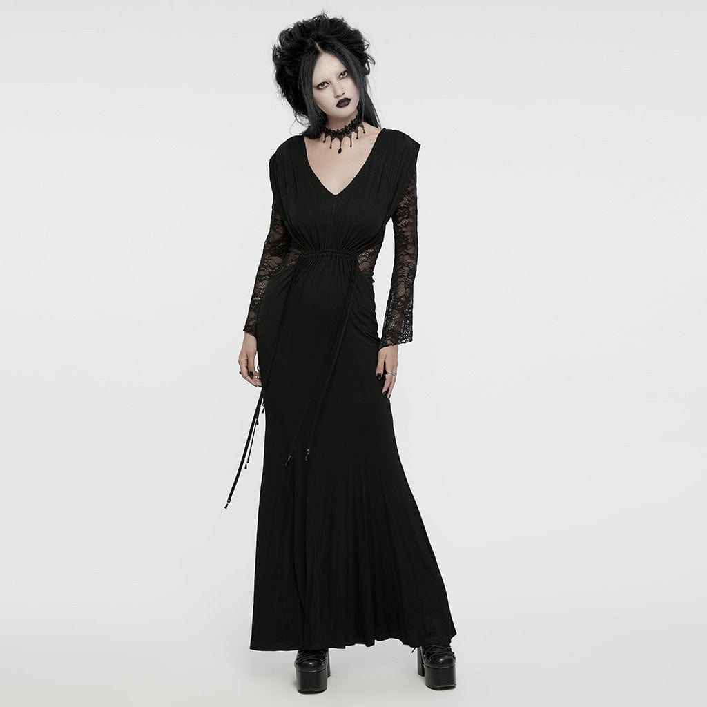 PUNK RAVE Women's Gothic Plunging Lace-Splice Drawstring Honeymoon Dress