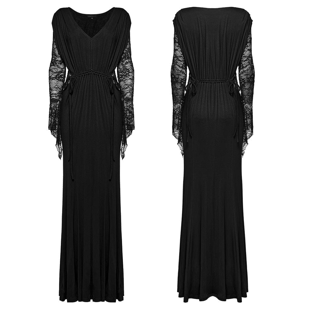 PUNK RAVE Women's Gothic Plunging Lace-Splice Drawstring Honeymoon Dress