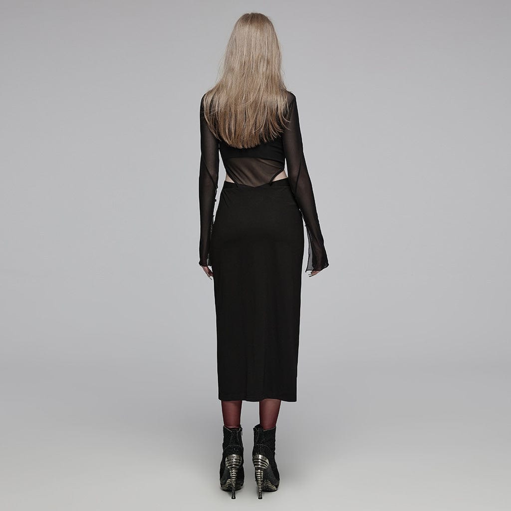 PUNK RAVE Women's Gothic Plunging Mesh Splice Cutout Dress