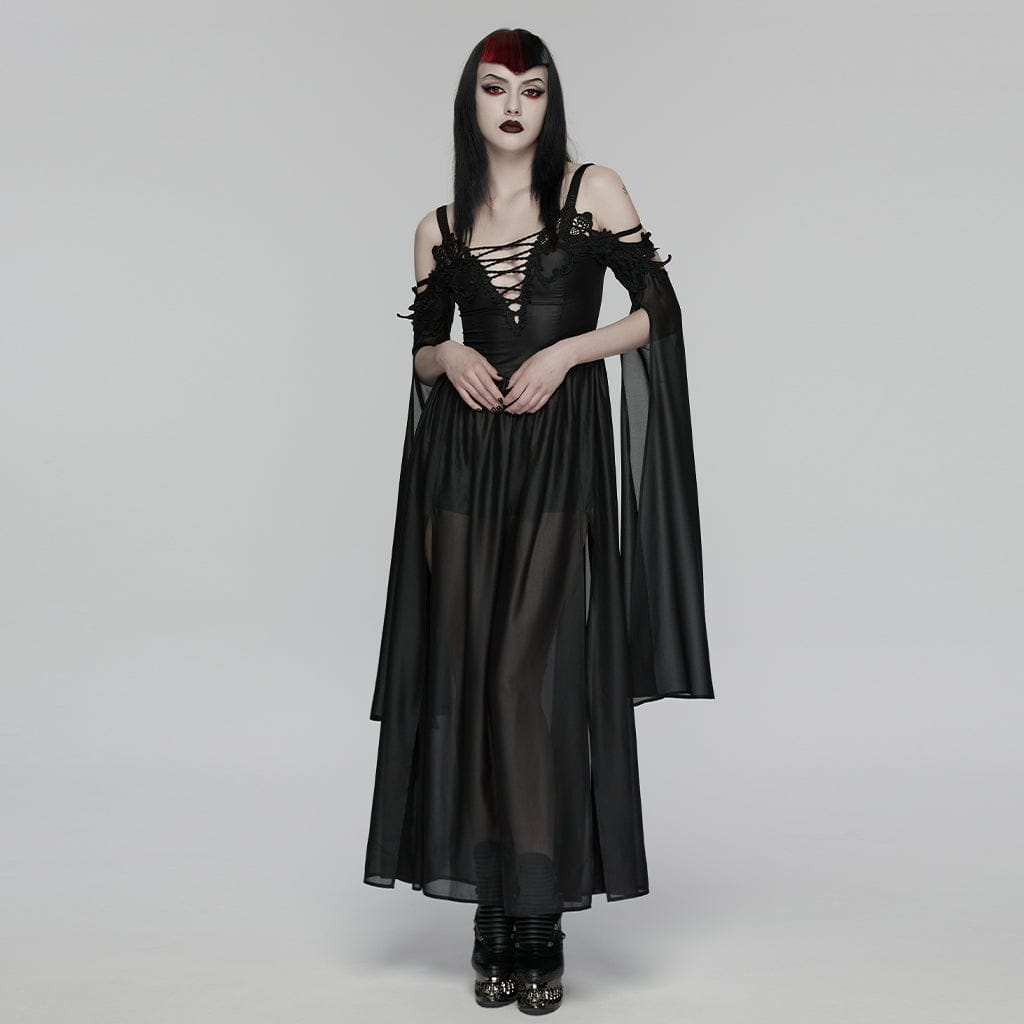 PUNK RAVE Women's Gothic Plunging Off Shoulder Maxi Dress