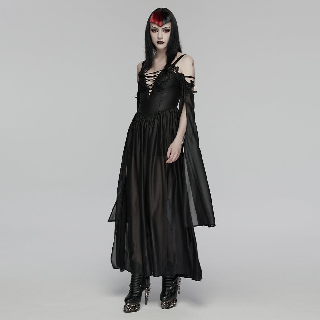 PUNK RAVE Women's Gothic Plunging Off Shoulder Maxi Dress