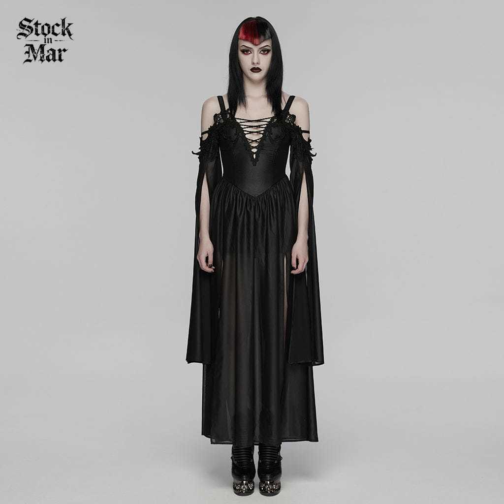 PUNK RAVE Women's Gothic Plunging Off Shoulder Maxi Dress