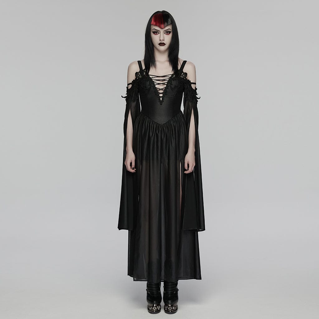 PUNK RAVE Women's Gothic Plunging Off Shoulder Maxi Dress Wedding Dress