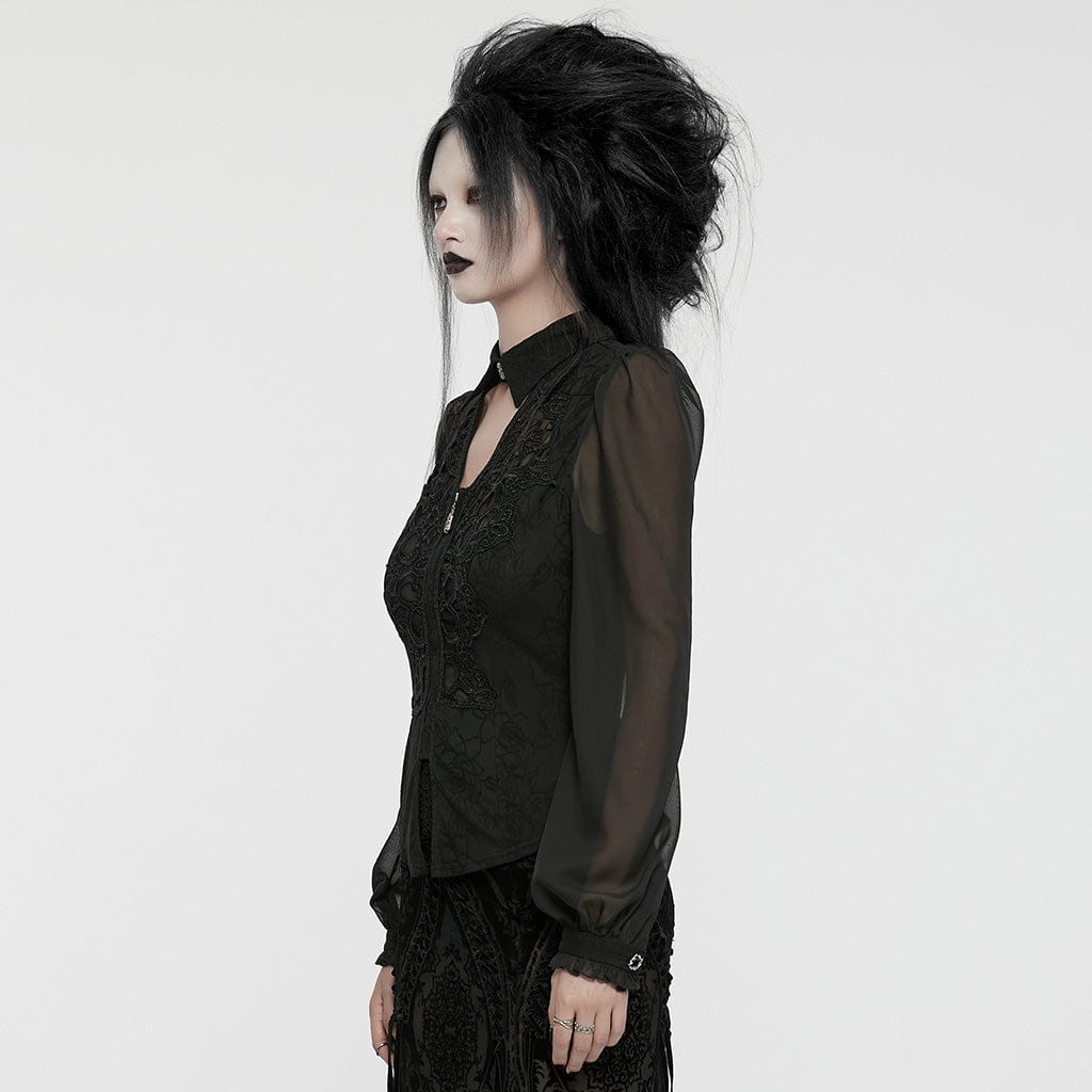 PUNK RAVE Women's Gothic Plunging Puff Sleeved Chiffon Shirt