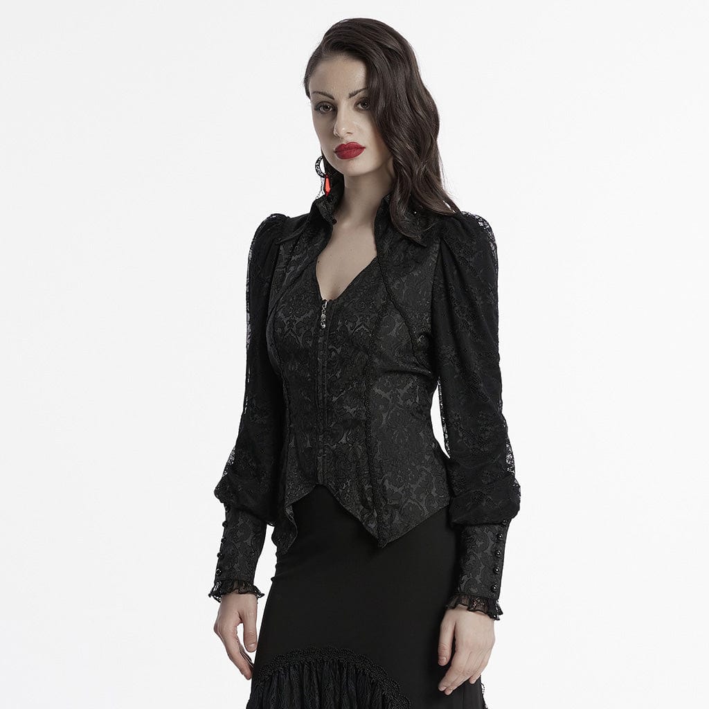 PUNK RAVE Women's Gothic Plunging Puff Sleeved Lace-up Shirt