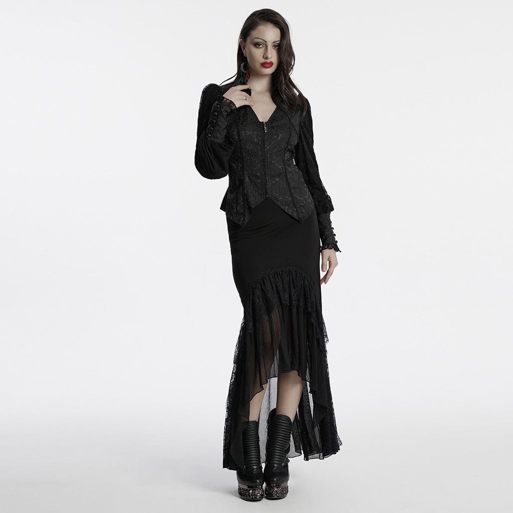 PUNK RAVE Women's Gothic Plunging Puff Sleeved Lace-up Shirt