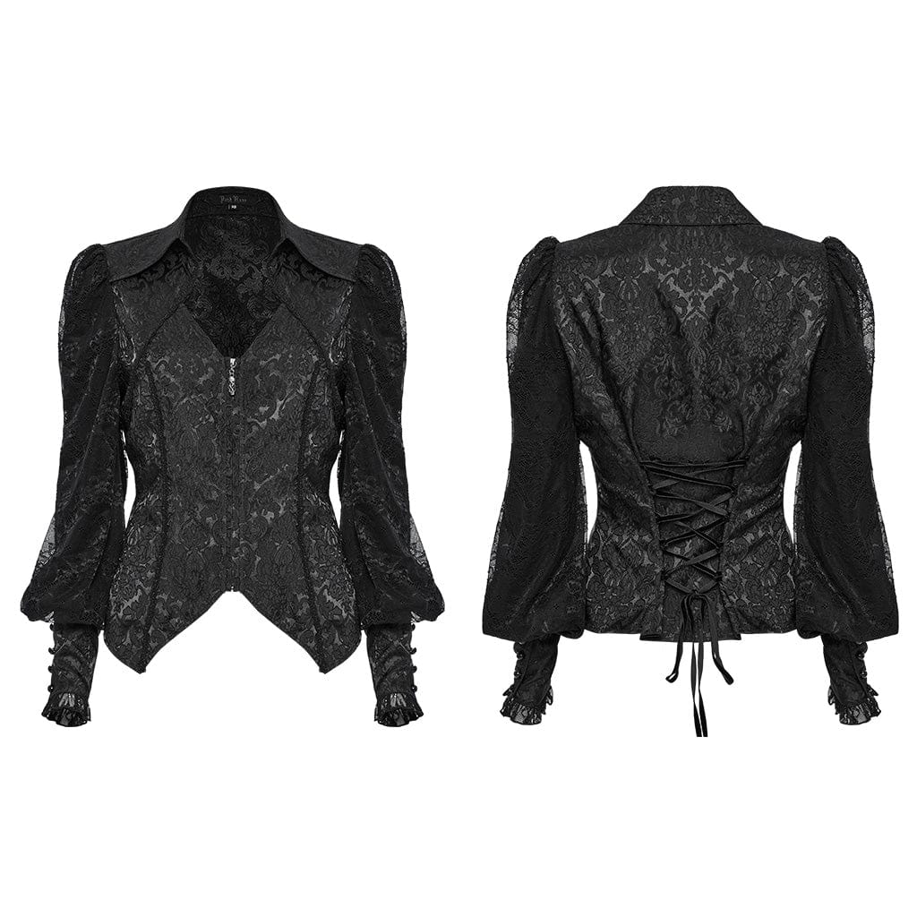 PUNK RAVE Women's Gothic Plunging Puff Sleeved Lace-up Shirt