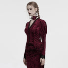 PUNK RAVE Women's Gothic Plunging Puff Sleeved Velvet Shirt Red