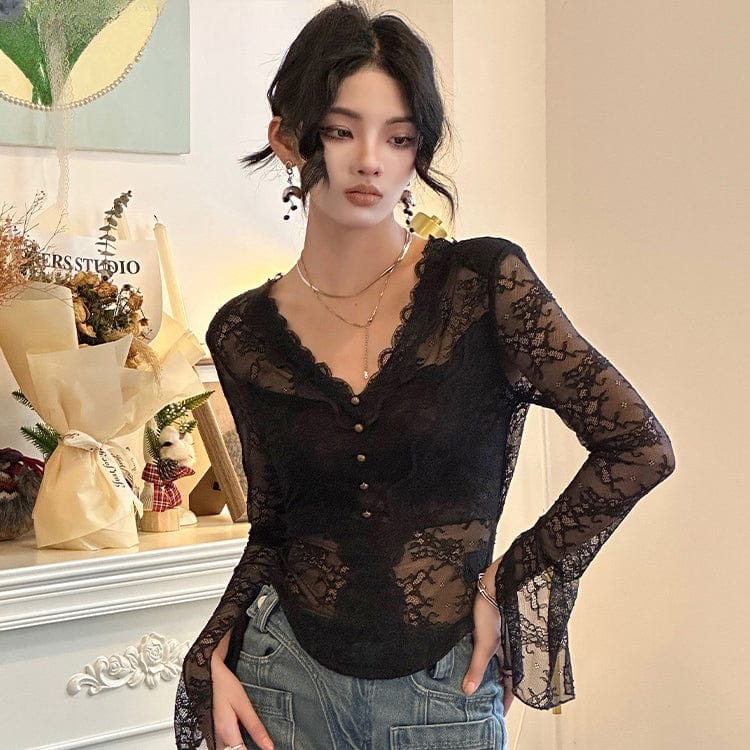 PUNK RAVE Women's Gothic Plunging Sheer Lace Hem Shirt