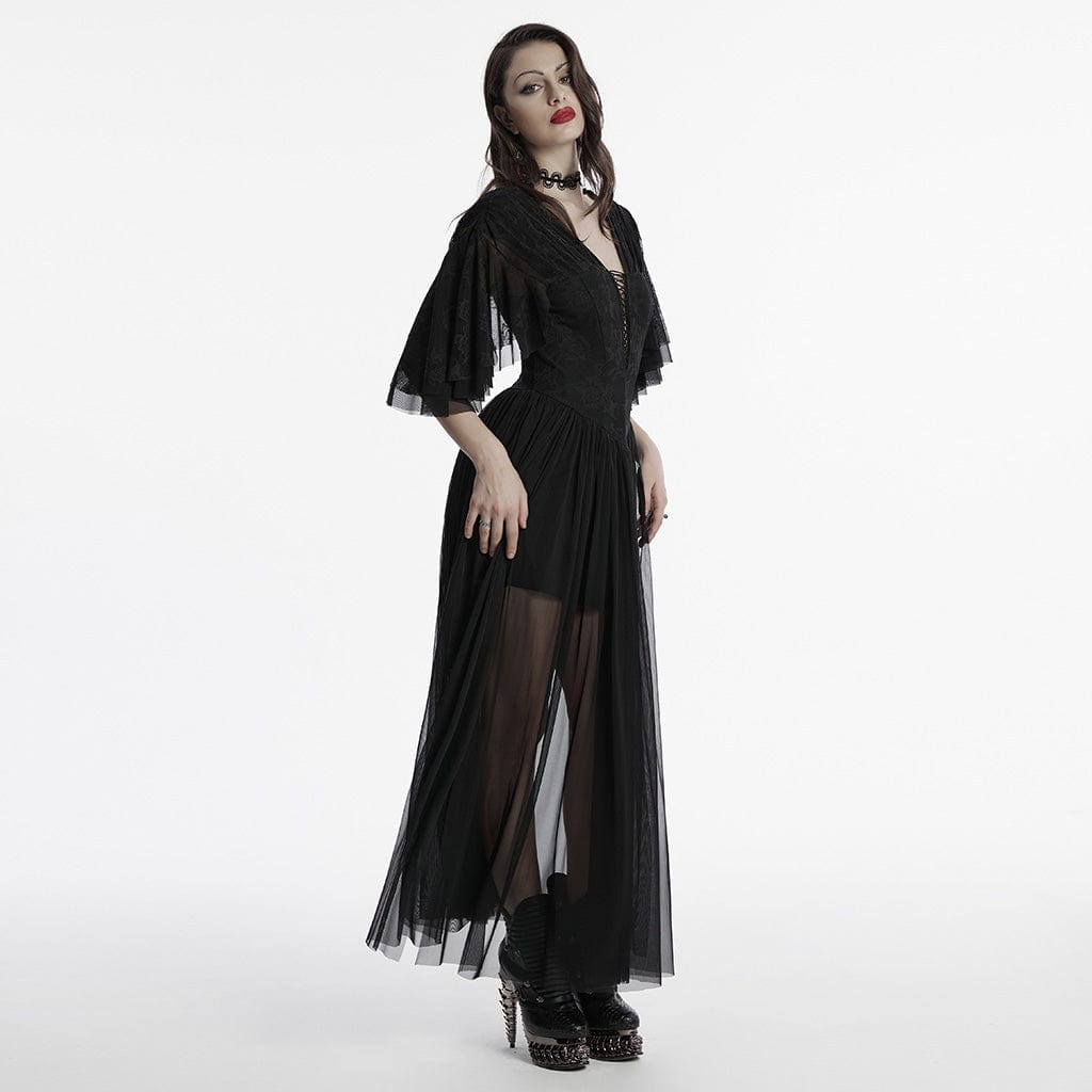 PUNK RAVE Women's Gothic Plunging Side Slit Mesh Evening Dress Black