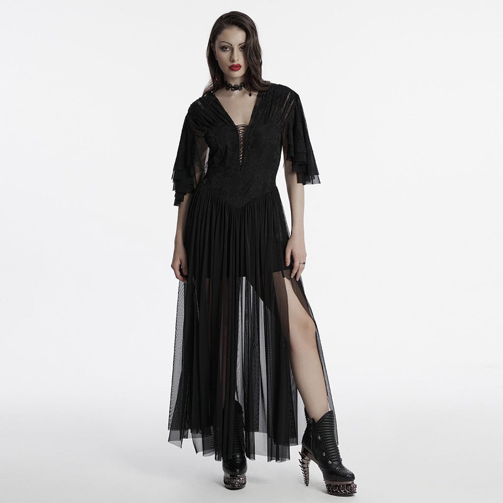 PUNK RAVE Women's Gothic Plunging Side Slit Mesh Evening Dress Black