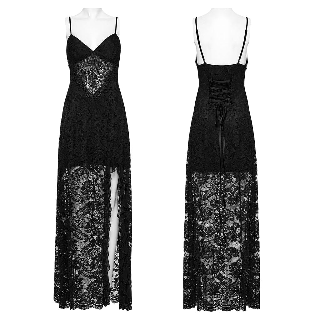 PUNK RAVE Women's Gothic Plunging Split Lace Evening Slip Dress