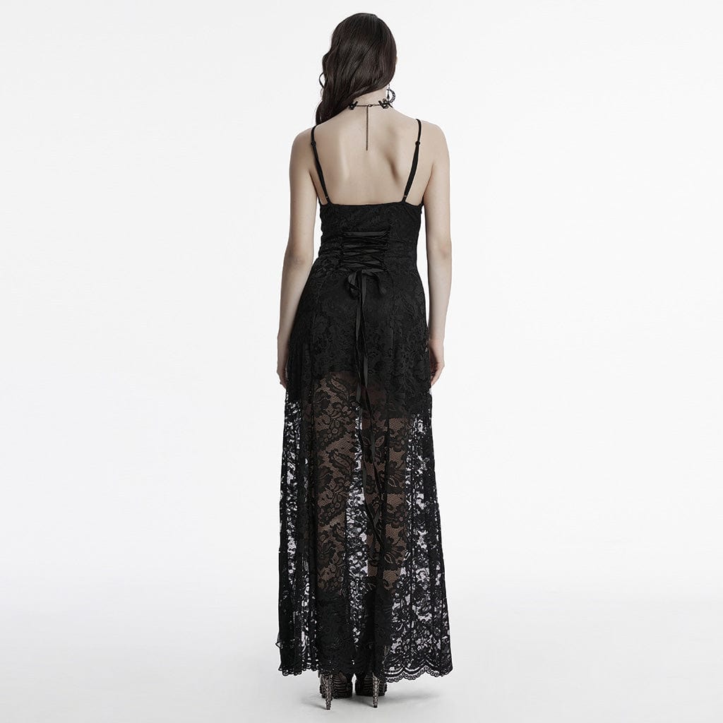 PUNK RAVE Women's Gothic Plunging Split Lace Evening Slip Dress