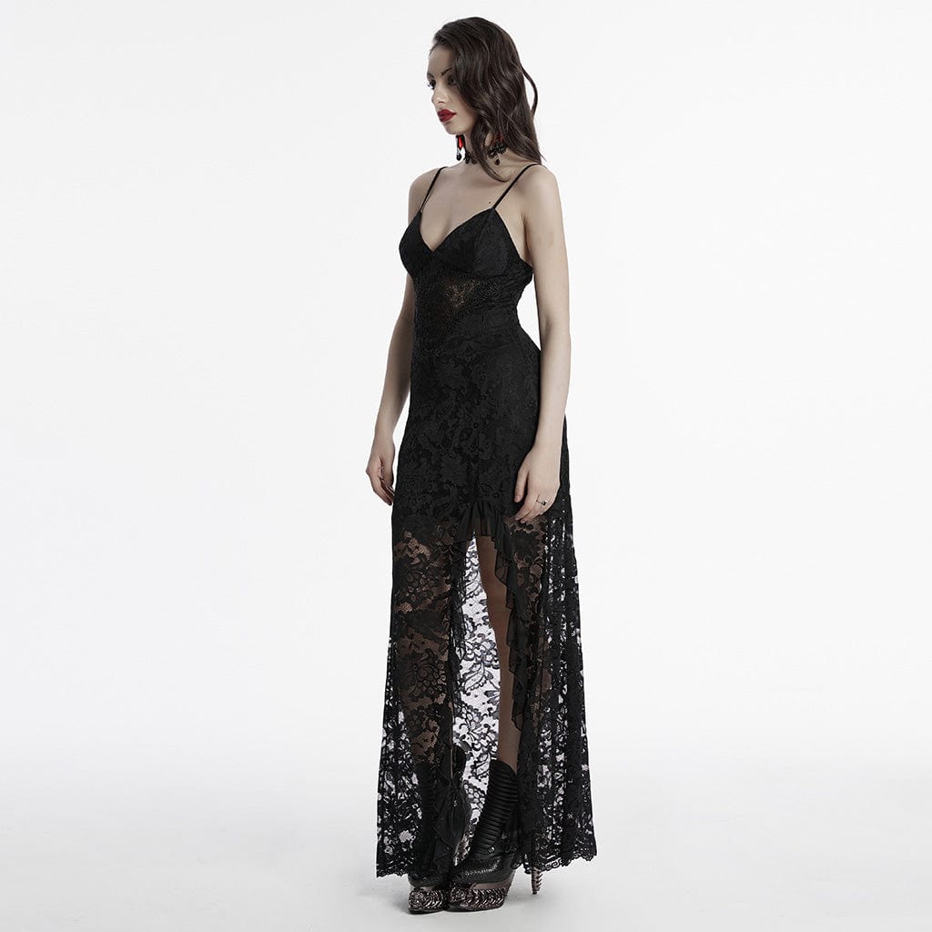 PUNK RAVE Women's Gothic Plunging Split Lace Evening Slip Dress