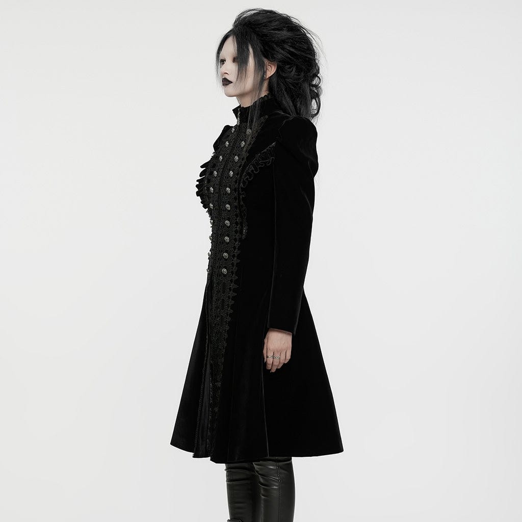 PUNK RAVE Women's Gothic Puff Sleeved Floral Embroidered Coat Black