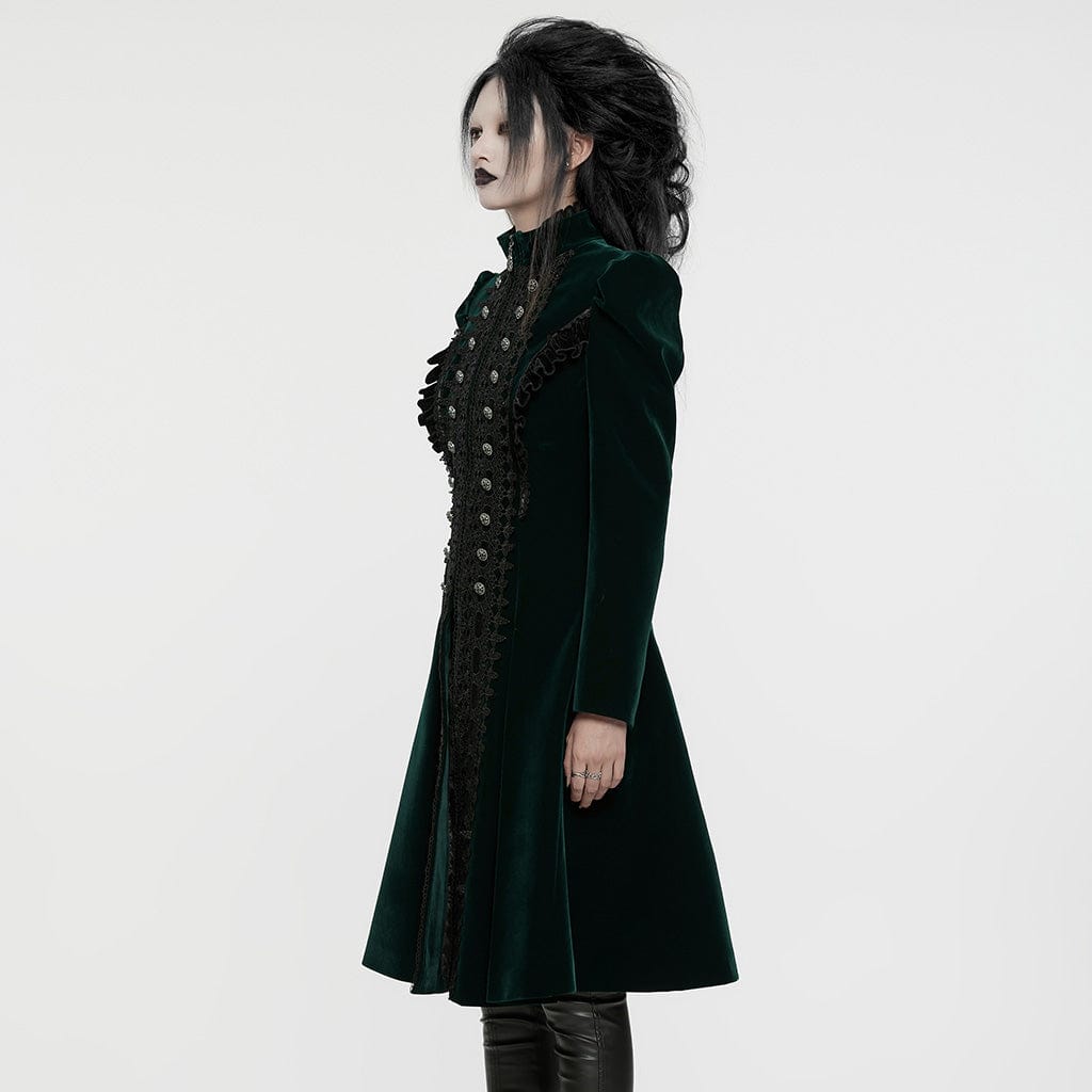 PUNK RAVE Women's Gothic Puff Sleeved Floral Embroidered Coat Green