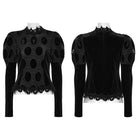 PUNK RAVE Women's Gothic Puff Sleeved Floral Embroidered Velvet Shirt Black