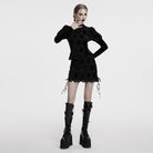 PUNK RAVE Women's Gothic Puff Sleeved Floral Embroidered Velvet Shirt Black