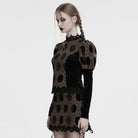 PUNK RAVE Women's Gothic Puff Sleeved Floral Embroidered Velvet Shirt Coffee