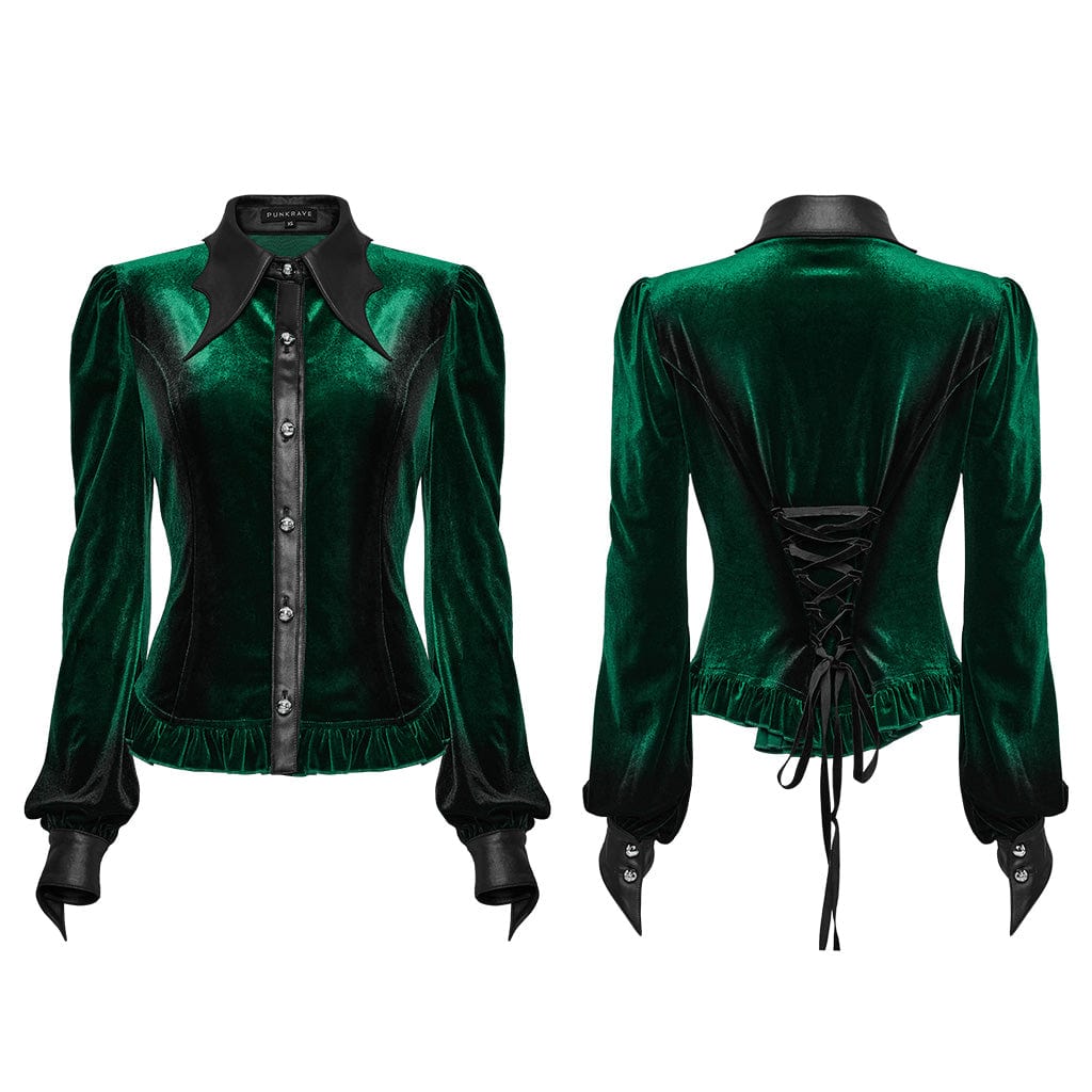 PUNK RAVE Women's Gothic Puff Sleeved Gradient Velvet Shirt Green