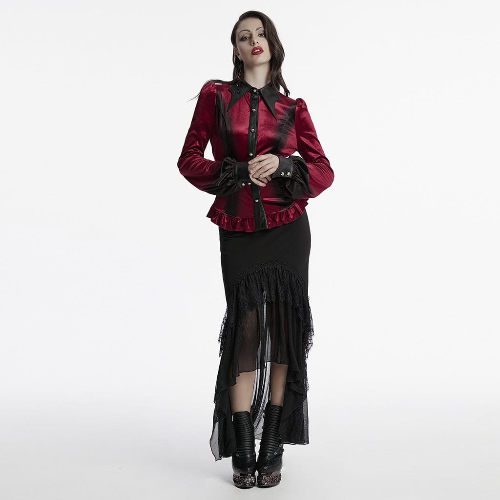 PUNK RAVE Women's Gothic Puff Sleeved Gradient Velvet Shirt Red