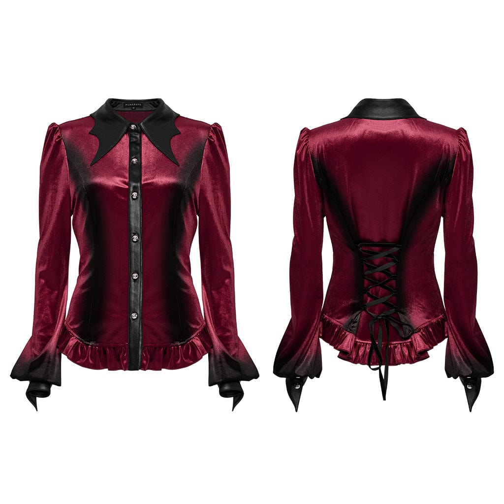 PUNK RAVE Women's Gothic Puff Sleeved Gradient Velvet Shirt Red