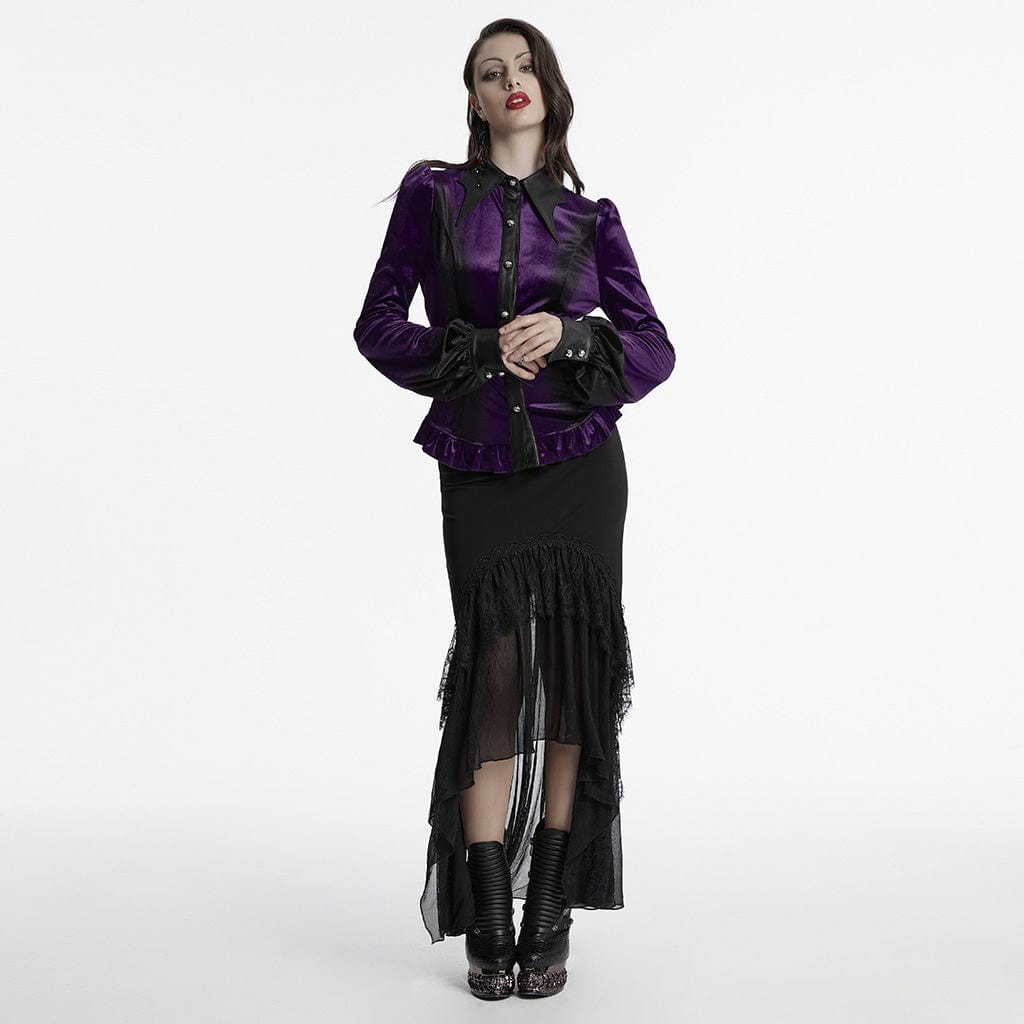 PUNK RAVE Women's Gothic Puff Sleeved Gradient Velvet Shirt Violet