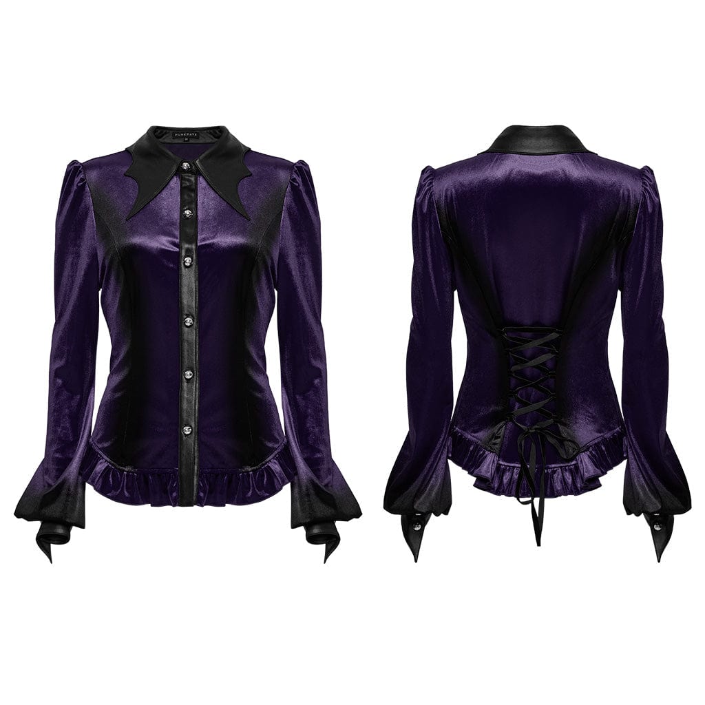 PUNK RAVE Women's Gothic Puff Sleeved Gradient Velvet Shirt Violet