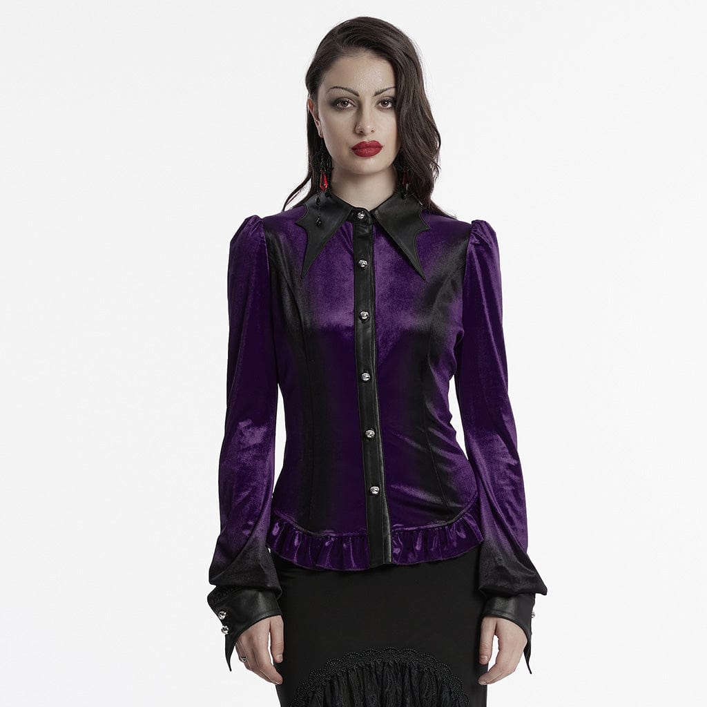 PUNK RAVE Women's Gothic Puff Sleeved Gradient Velvet Shirt Violet