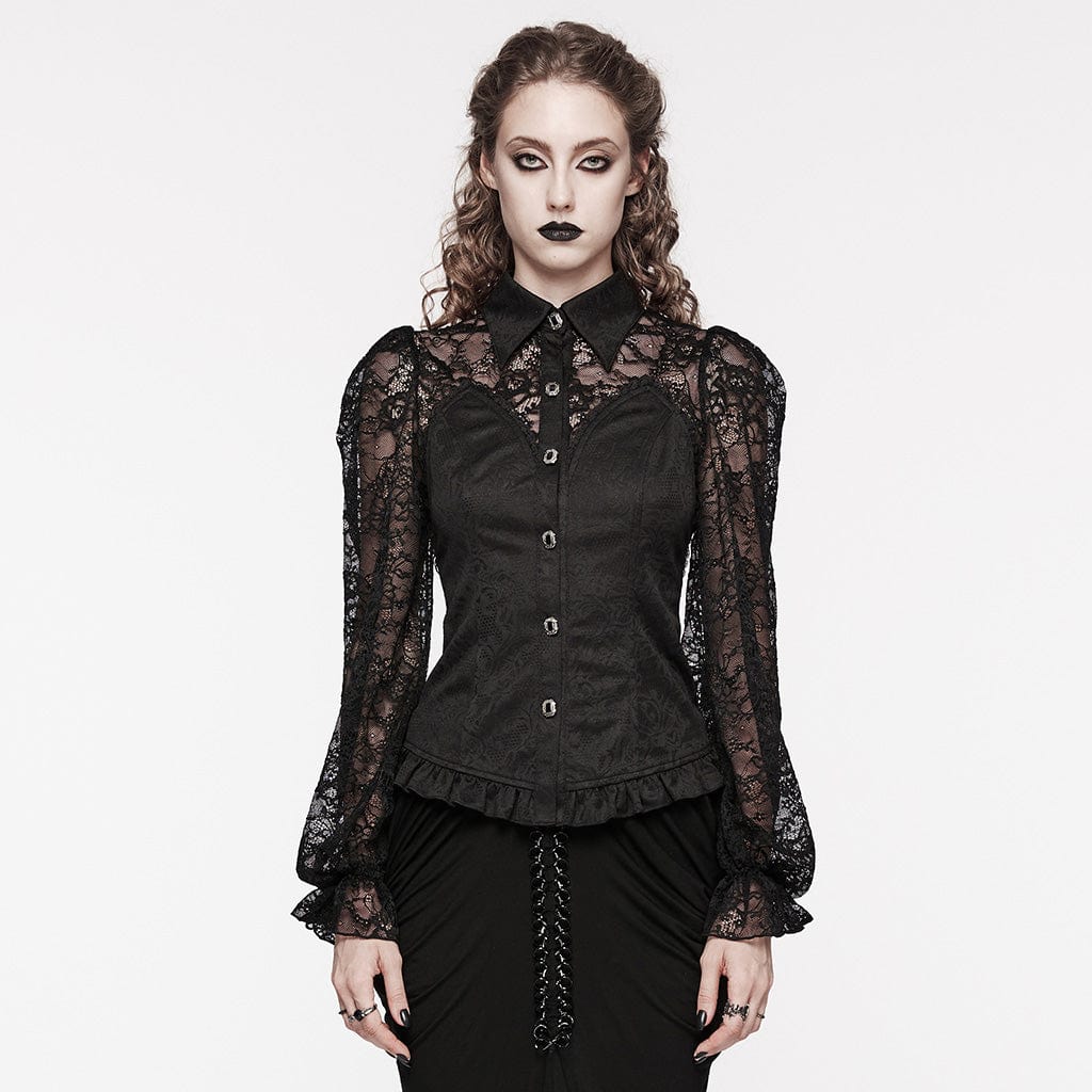PUNK RAVE Women's Gothic Puff Sleeved Lace Splice Ruffled Shirt