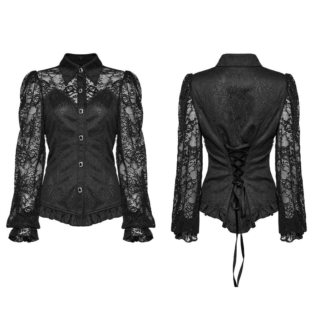 PUNK RAVE Women's Gothic Puff Sleeved Lace Splice Ruffled Shirt