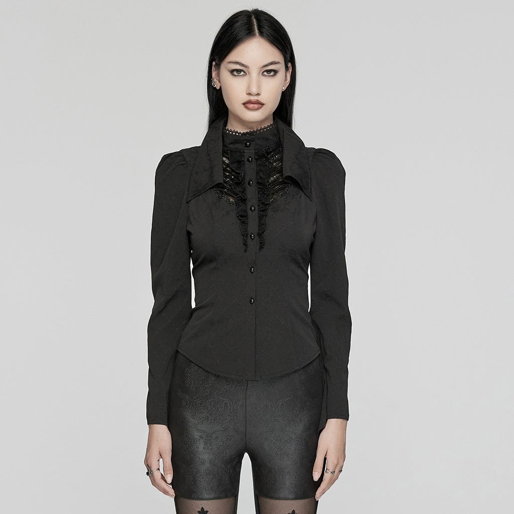 PUNK RAVE Women's Gothic Puff Sleeved Lace Splice Shirt