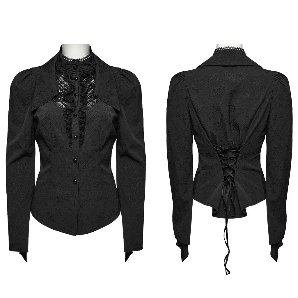 PUNK RAVE Women's Gothic Puff Sleeved Lace Splice Shirt