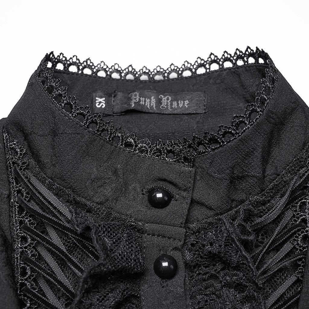 PUNK RAVE Women's Gothic Puff Sleeved Lace Splice Shirt