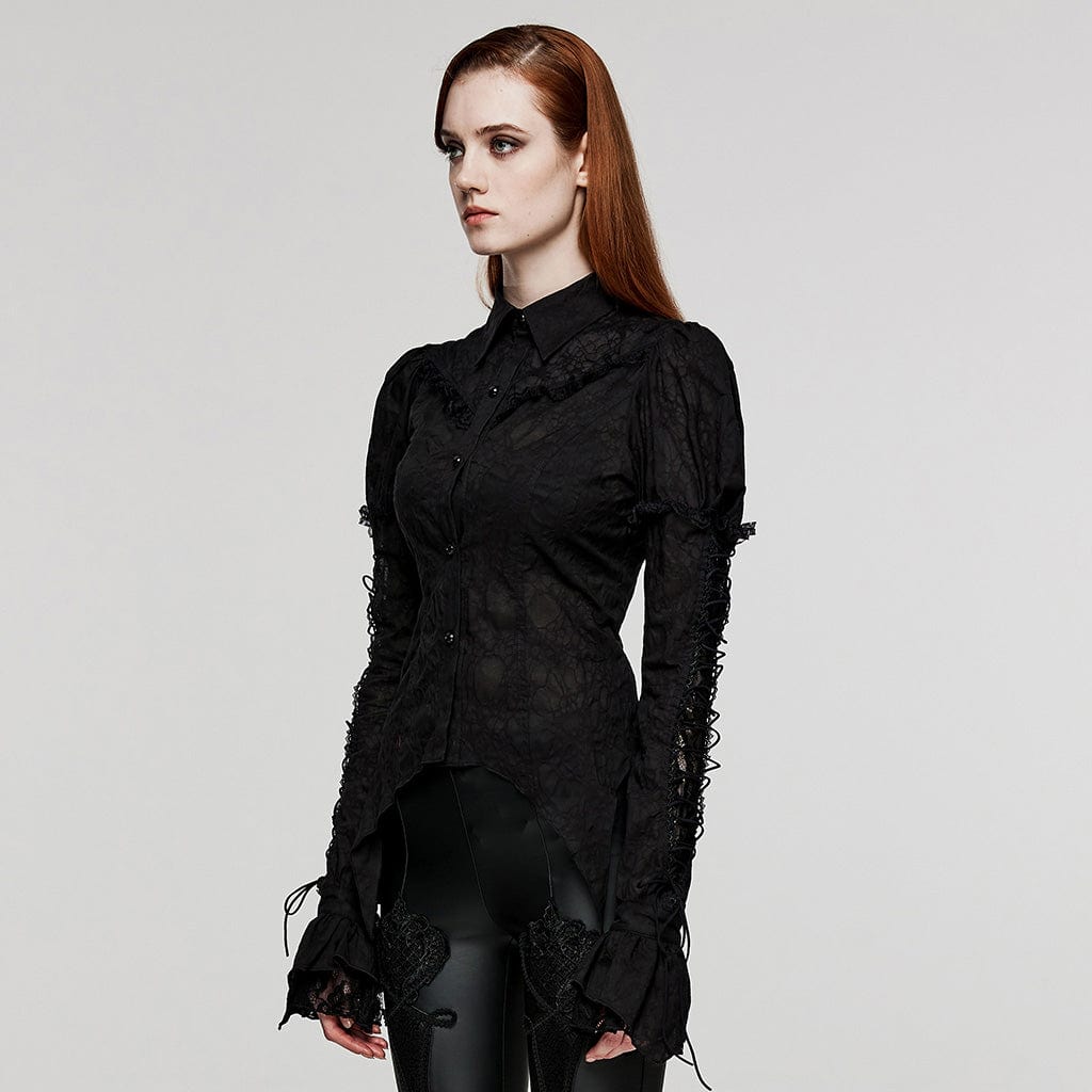 PUNK RAVE Women's Gothic Puff Sleeved Lace Splice Shirt Black