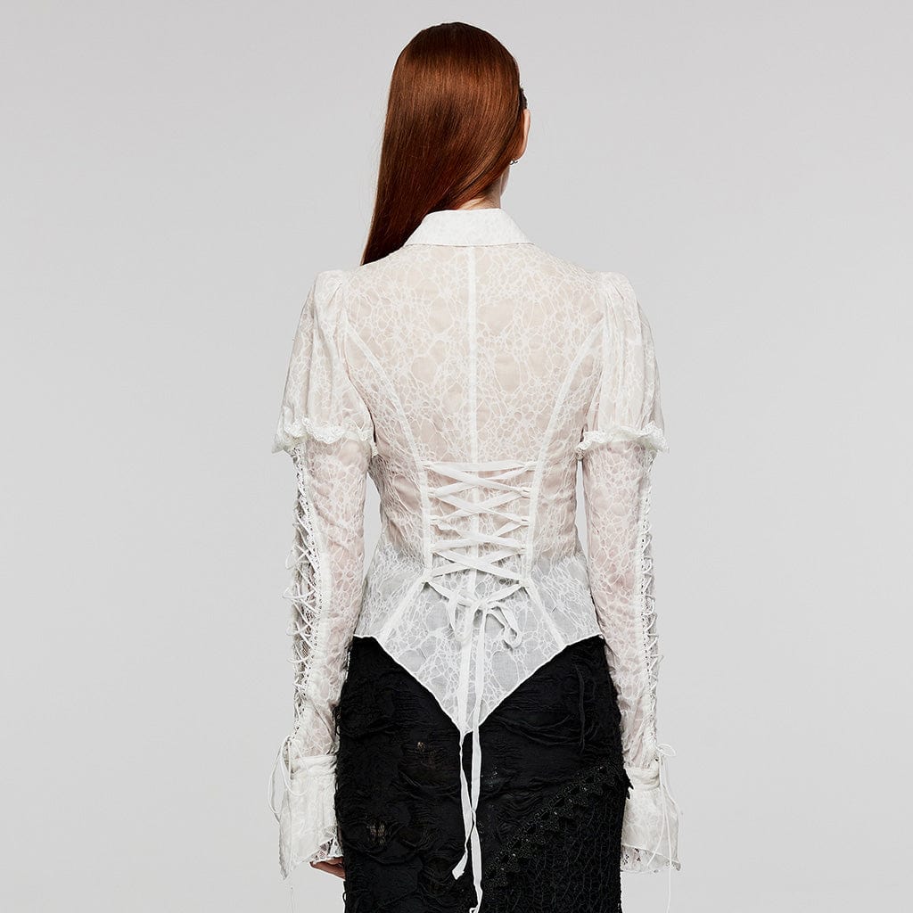 PUNK RAVE Women's Gothic Puff Sleeved Lace Splice Shirt White