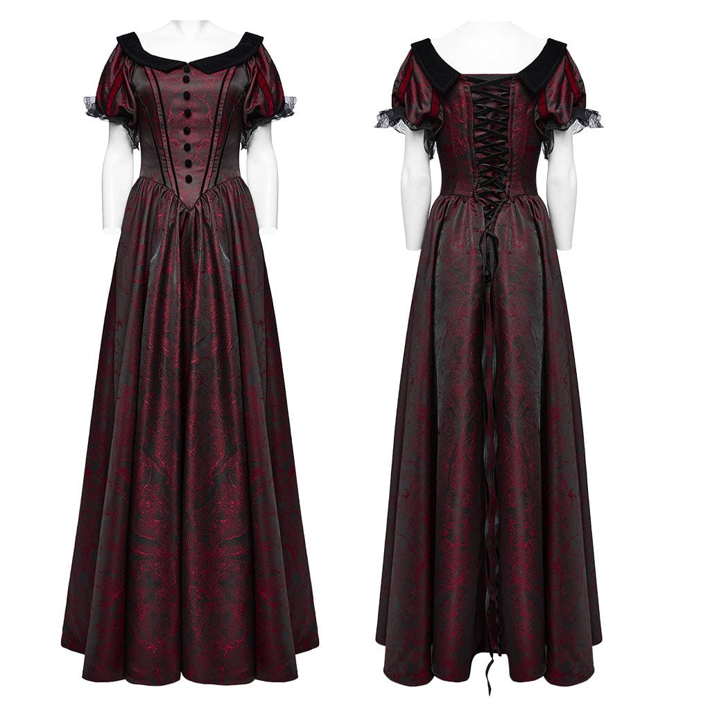 PUNK RAVE Women's Gothic Puff Sleeved Lace-up Formal Dress Red