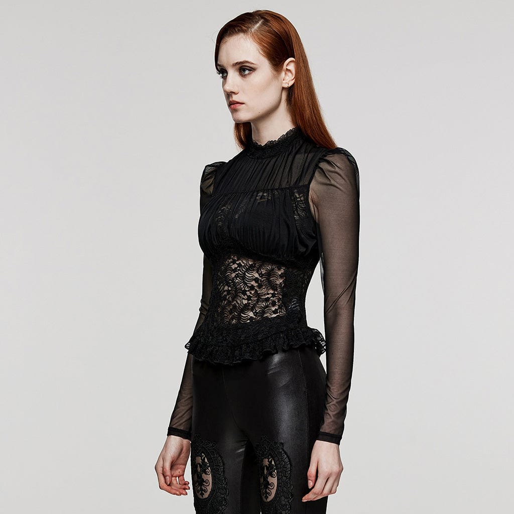 PUNK RAVE Women's Gothic Puff Sleeved Sheer Lace Shirt