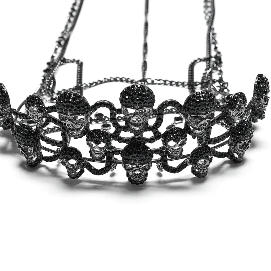 PUNK RAVE Women's Gothic Rhinestone Skull Crown with Beaded Chain