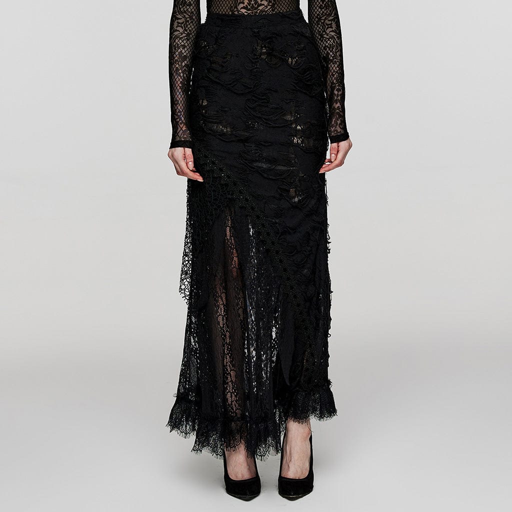 PUNK RAVE Women's Gothic Ripped Lace Splice Skirt