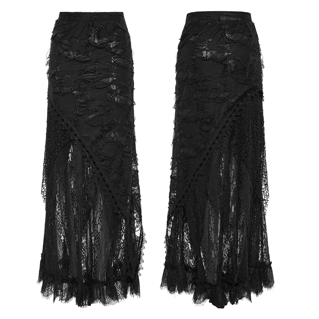 PUNK RAVE Women's Gothic Ripped Lace Splice Skirt