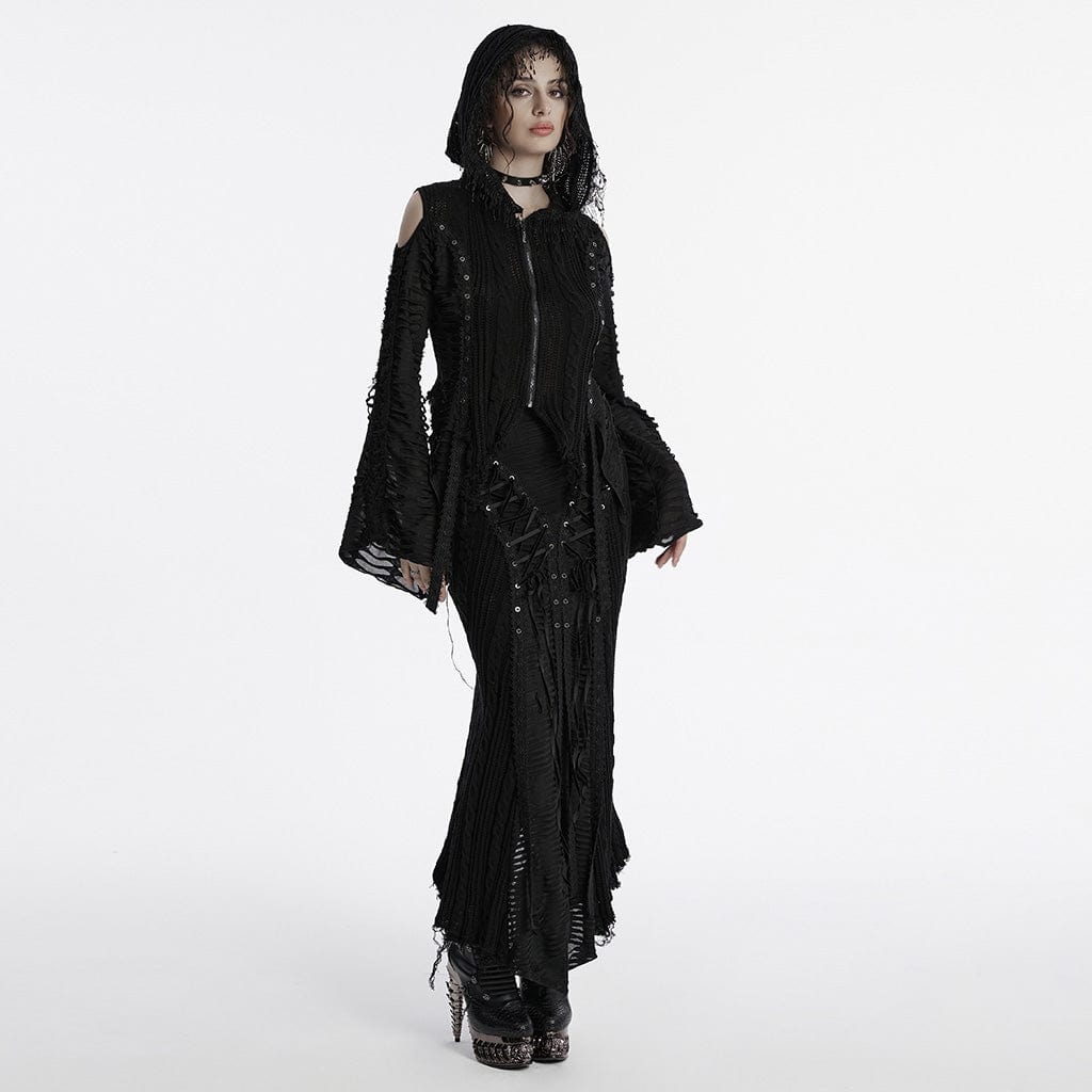 PUNK RAVE Women's Gothic Ripped Lace-up Knitted Skirt Black