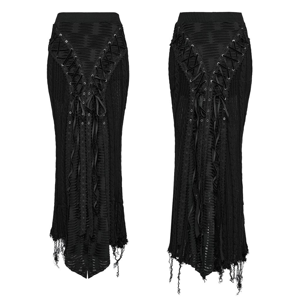 PUNK RAVE Women's Gothic Ripped Lace-up Knitted Skirt Black