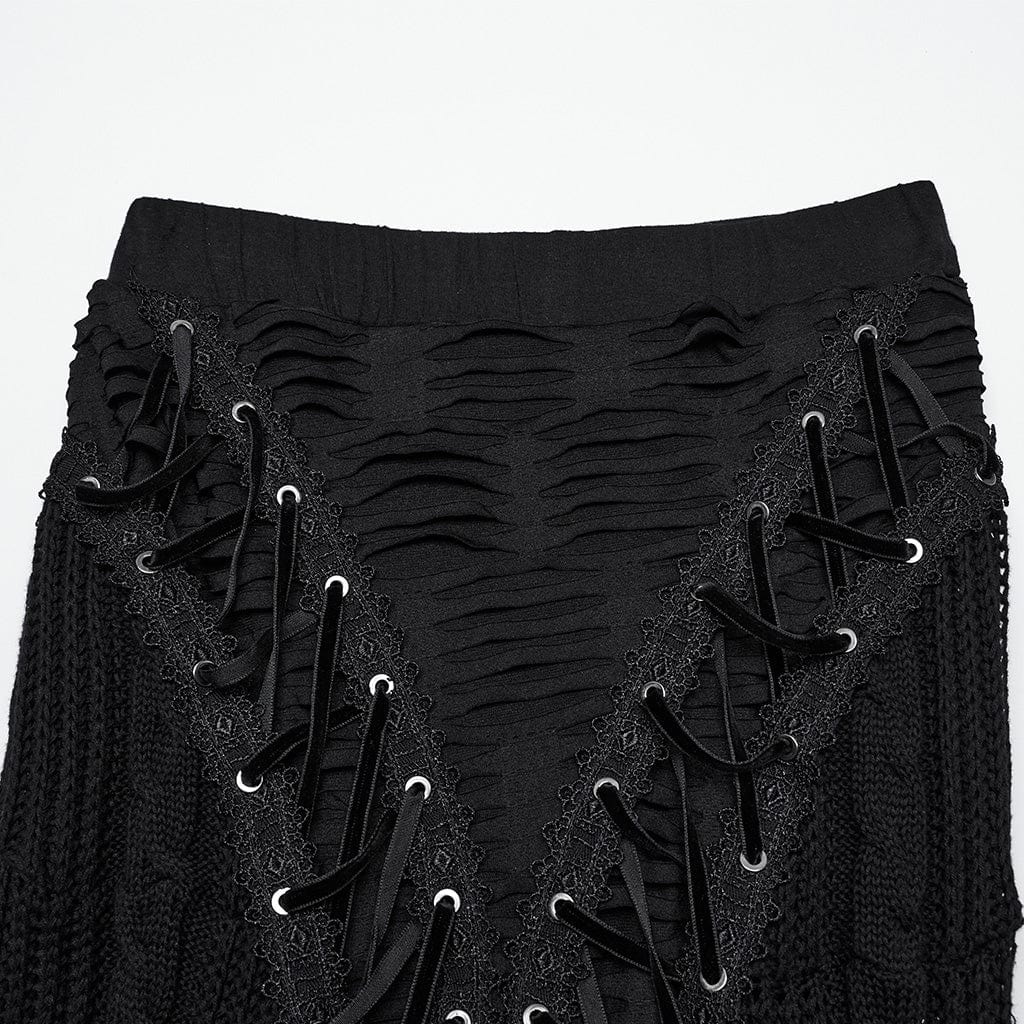 PUNK RAVE Women's Gothic Ripped Lace-up Knitted Skirt Black