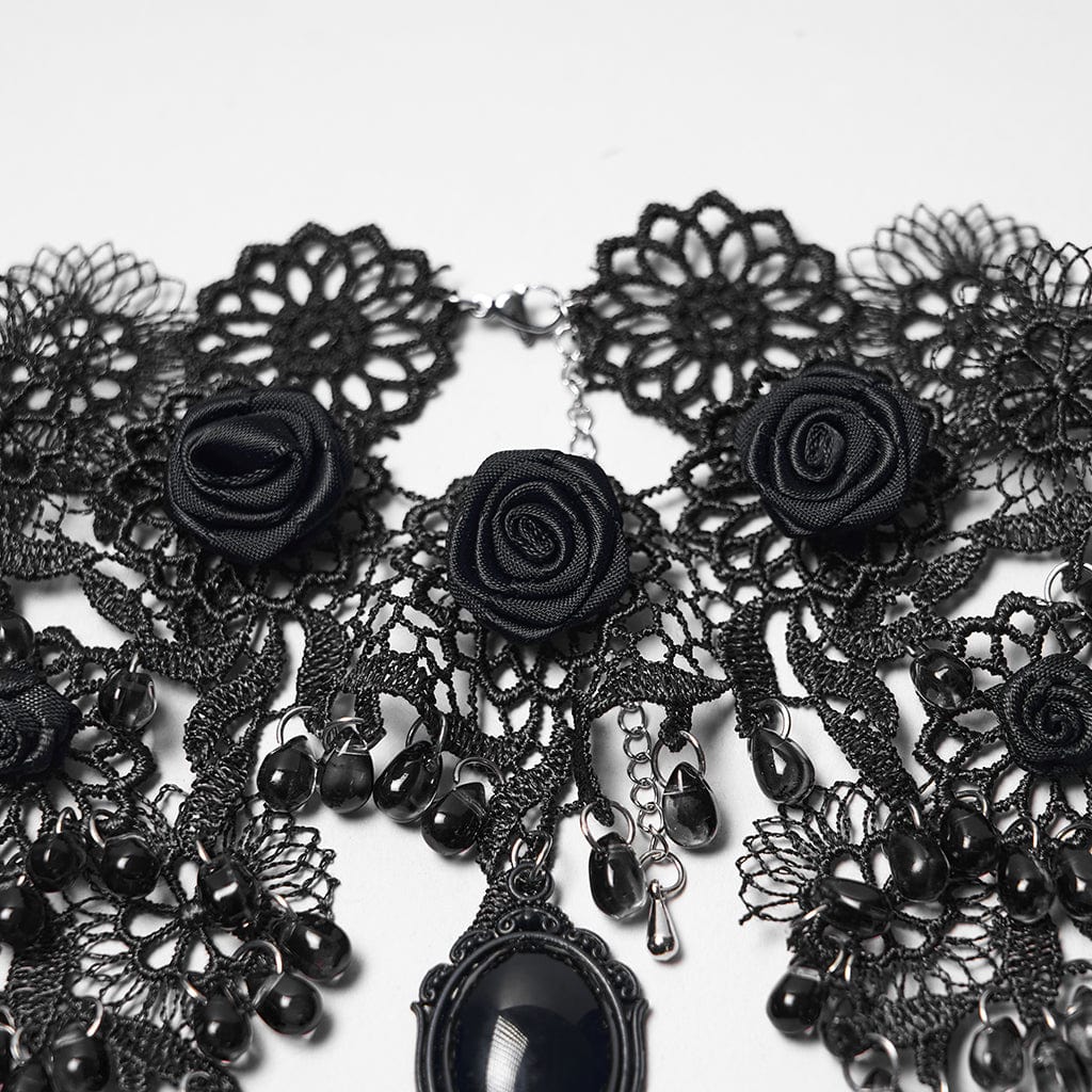 Collar gótico de encaje con cuentas de rosas para mujer PUNK RAVE, color negro