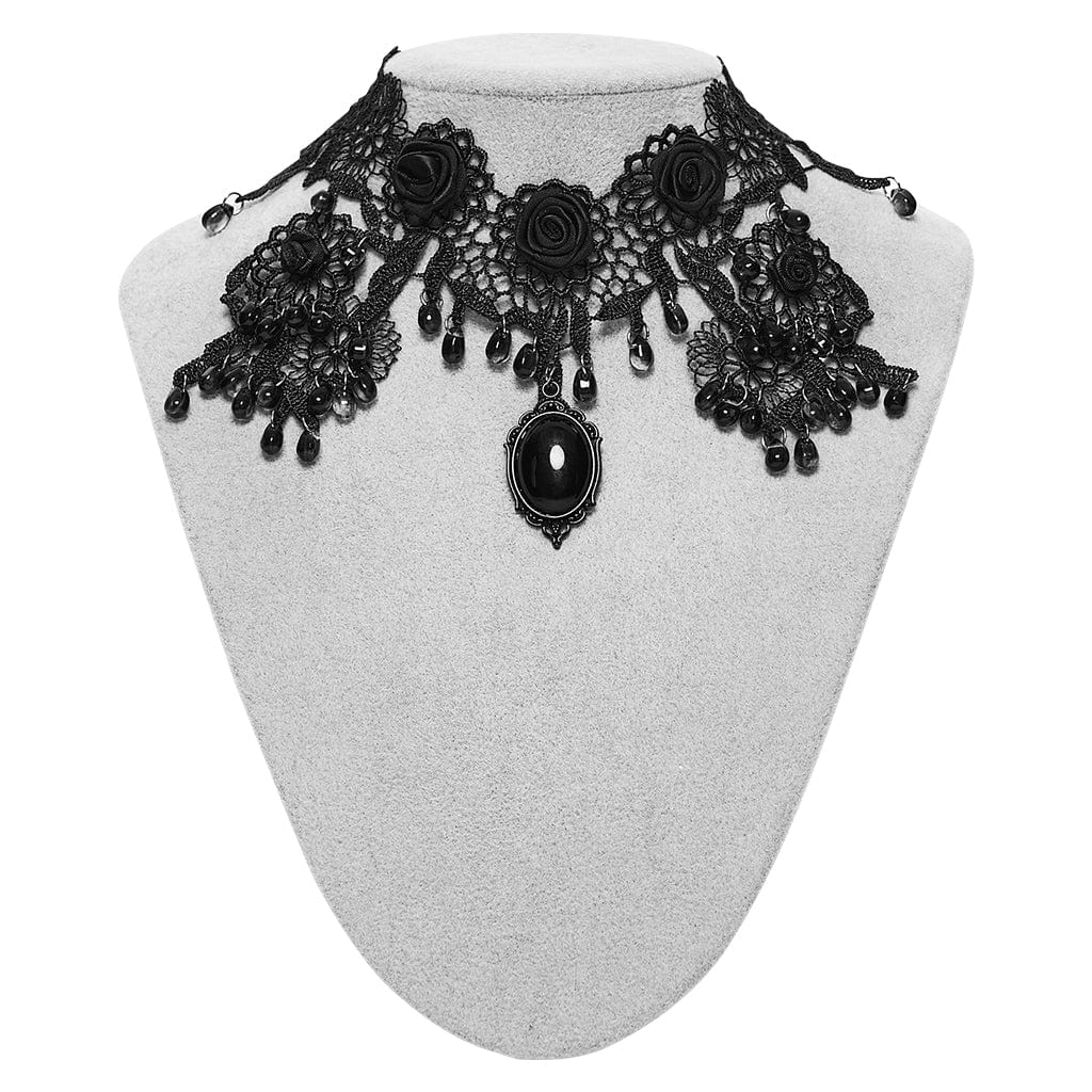 Collar gótico de encaje con cuentas de rosas para mujer PUNK RAVE, color negro