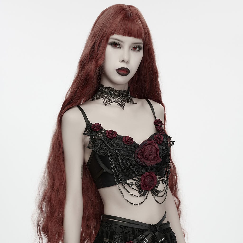 PUNK RAVE Women's Gothic Rose Chain Bralet Black-Red