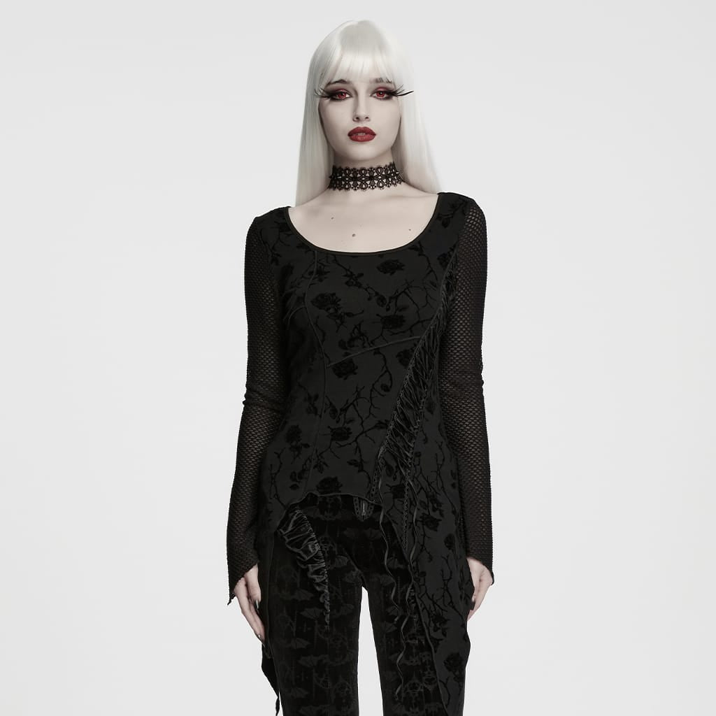 PUNK RAVE Women's Gothic Rose Flocked Lace-up Irregular Hem Long Sleeve Top